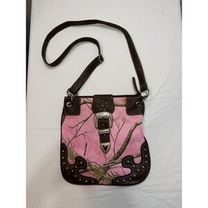 REAL TREE Pink Camo Crossbody Purse Rhinestone Buckle Western Style Bag